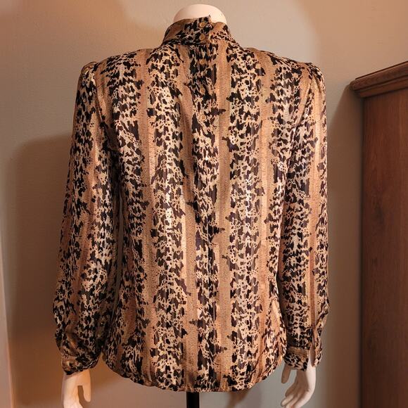 VNTG 80s NICOLA Metallic Leopard Liquid Blouse Sz 6 Mock Neck Sheer Party Top - Picture 5 of 10